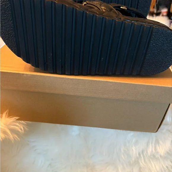 Steve Madden Quilted Black Sandals with Gold Toggle Accent - Picture 4 of 5